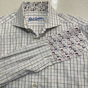 Robert Graham M Shirt Mens White Blue Purple Guitar Print Check LS Flip Cuff